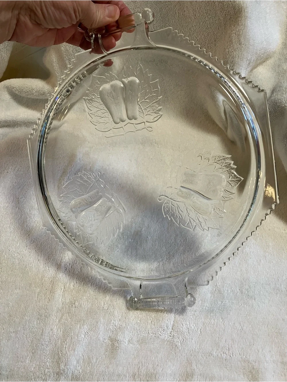 vintage Jeannette Glass Baltimore Pear handled cake plate embossed pears